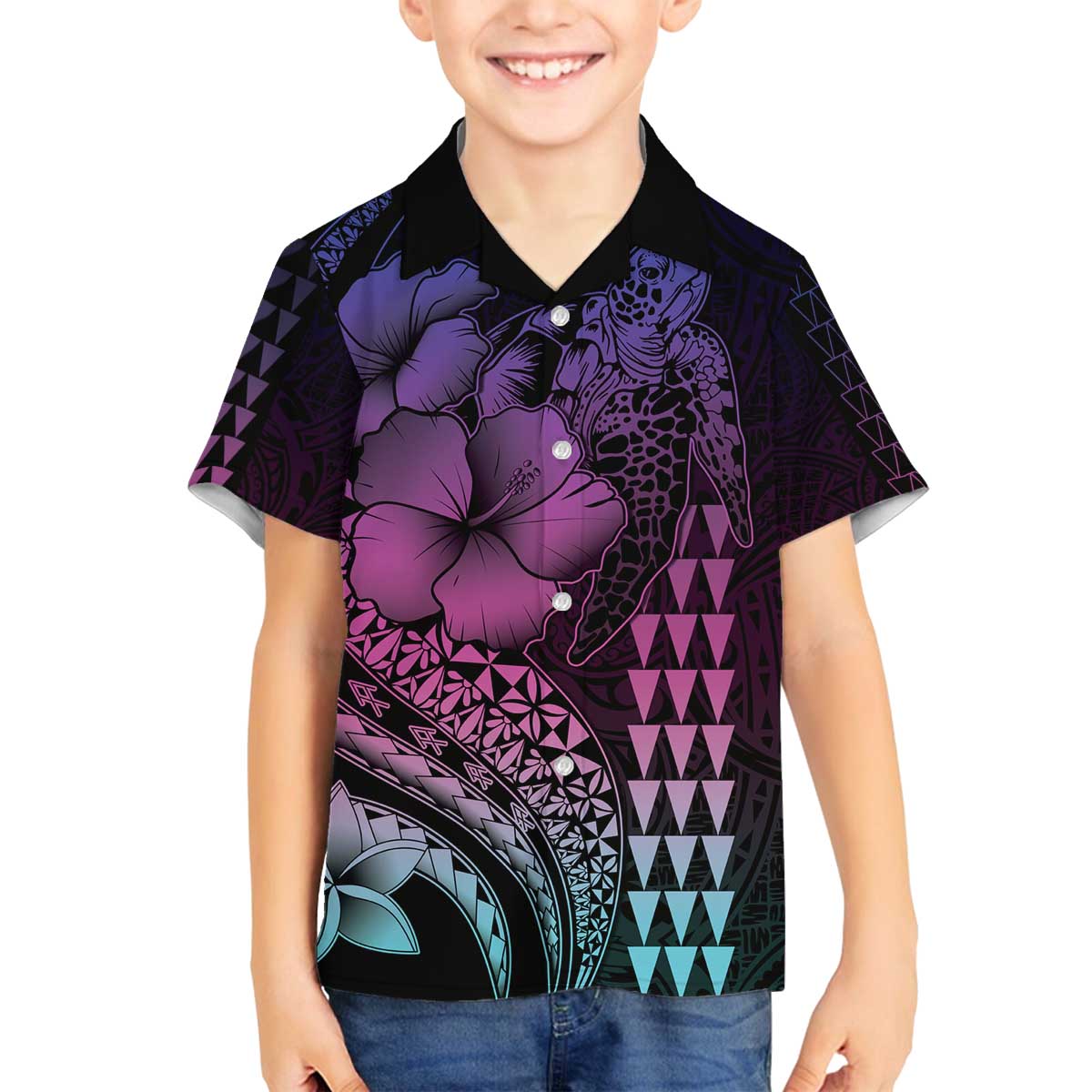 Hawaiian Sea Turtle Family Matching Off The Shoulder Long Sleeve Dress and Hawaiian Shirt Pink Hibiscus Flowers and Kakau Pattern LT9 Son's Shirt Pink - Polynesian Pride