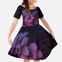 Hawaiian Sea Turtle Family Matching Off Shoulder Maxi Dress and Hawaiian Shirt Pink Hibiscus Flowers and Kakau Pattern LT9 Daughter's Dress Pink - Polynesian Pride
