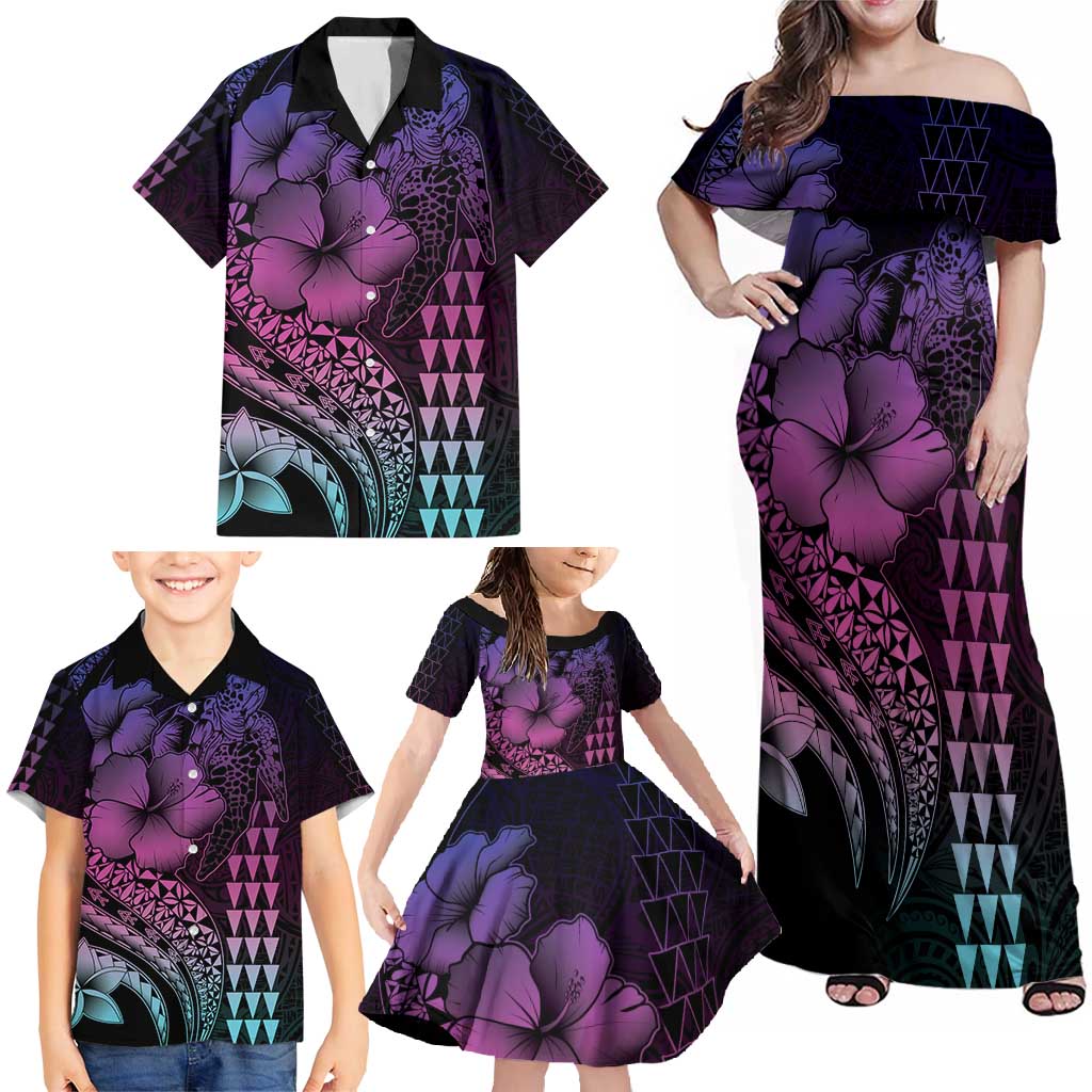 Hawaiian Sea Turtle Family Matching Off Shoulder Maxi Dress and Hawaiian Shirt Pink Hibiscus Flowers and Kakau Pattern LT9 - Polynesian Pride