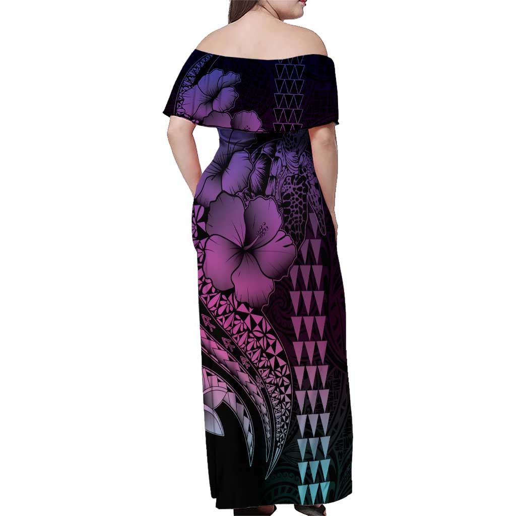 Hawaiian Sea Turtle Family Matching Off Shoulder Maxi Dress and Hawaiian Shirt Pink Hibiscus Flowers and Kakau Pattern LT9 - Polynesian Pride