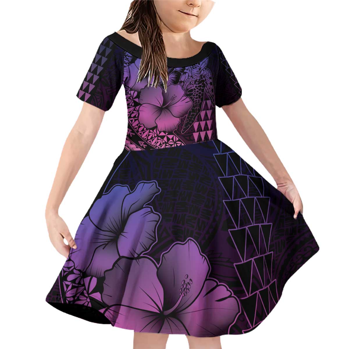 Hawaiian Sea Turtle Family Matching Off Shoulder Short Dress and Hawaiian Shirt Pink Hibiscus Flowers and Kakau Pattern LT9 Daughter's Dress Pink - Polynesian Pride