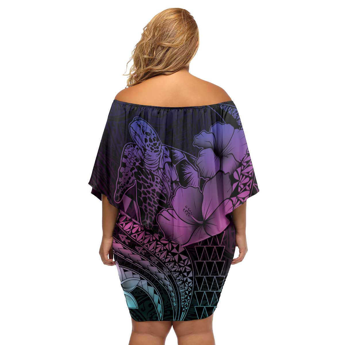 Hawaiian Sea Turtle Family Matching Off Shoulder Short Dress and Hawaiian Shirt Pink Hibiscus Flowers and Kakau Pattern LT9 - Polynesian Pride