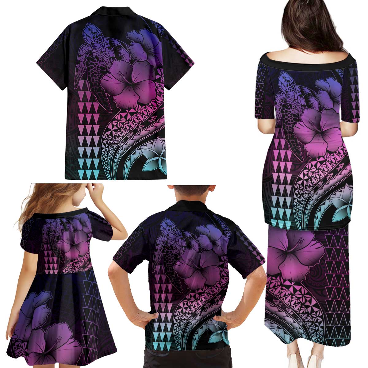 Hawaiian Sea Turtle Family Matching Puletasi and Hawaiian Shirt Pink Hibiscus Flowers and Kakau Pattern LT9 - Polynesian Pride