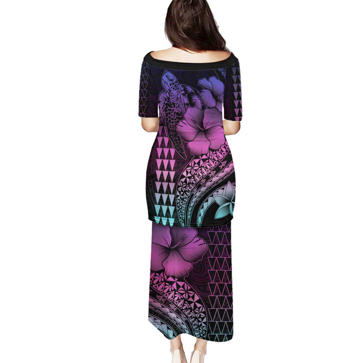 Hawaiian Sea Turtle Family Matching Puletasi and Hawaiian Shirt Pink Hibiscus Flowers and Kakau Pattern LT9 - Polynesian Pride