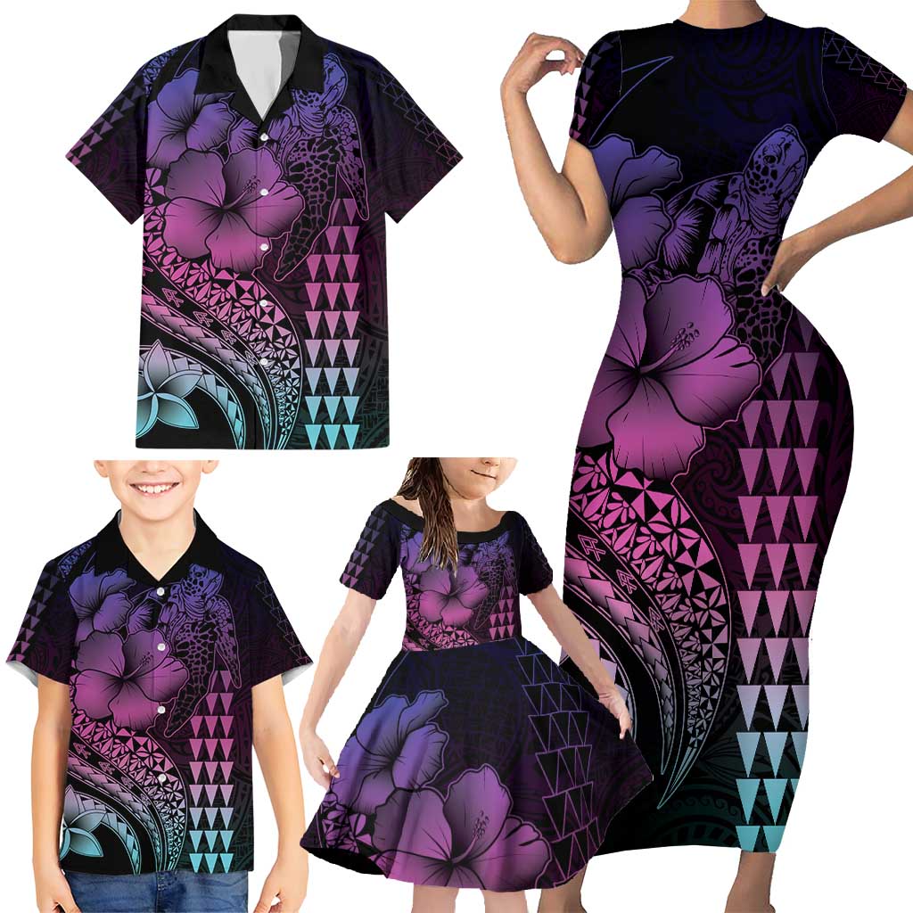Hawaiian Sea Turtle Family Matching Short Sleeve Bodycon Dress and Hawaiian Shirt Pink Hibiscus Flowers and Kakau Pattern LT9 - Polynesian Pride
