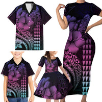 Hawaiian Sea Turtle Family Matching Short Sleeve Bodycon Dress and Hawaiian Shirt Pink Hibiscus Flowers and Kakau Pattern LT9 - Polynesian Pride