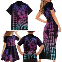 Hawaiian Sea Turtle Family Matching Short Sleeve Bodycon Dress and Hawaiian Shirt Pink Hibiscus Flowers and Kakau Pattern LT9 - Polynesian Pride