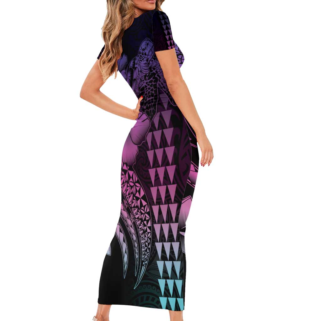 Hawaiian Sea Turtle Family Matching Short Sleeve Bodycon Dress and Hawaiian Shirt Pink Hibiscus Flowers and Kakau Pattern LT9 - Polynesian Pride