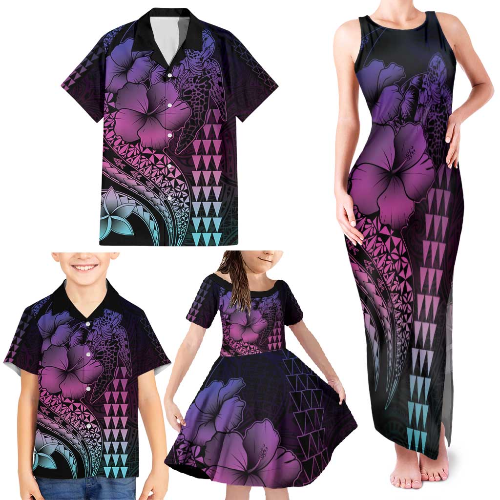 Hawaiian Sea Turtle Family Matching Tank Maxi Dress and Hawaiian Shirt Pink Hibiscus Flowers and Kakau Pattern LT9 - Polynesian Pride
