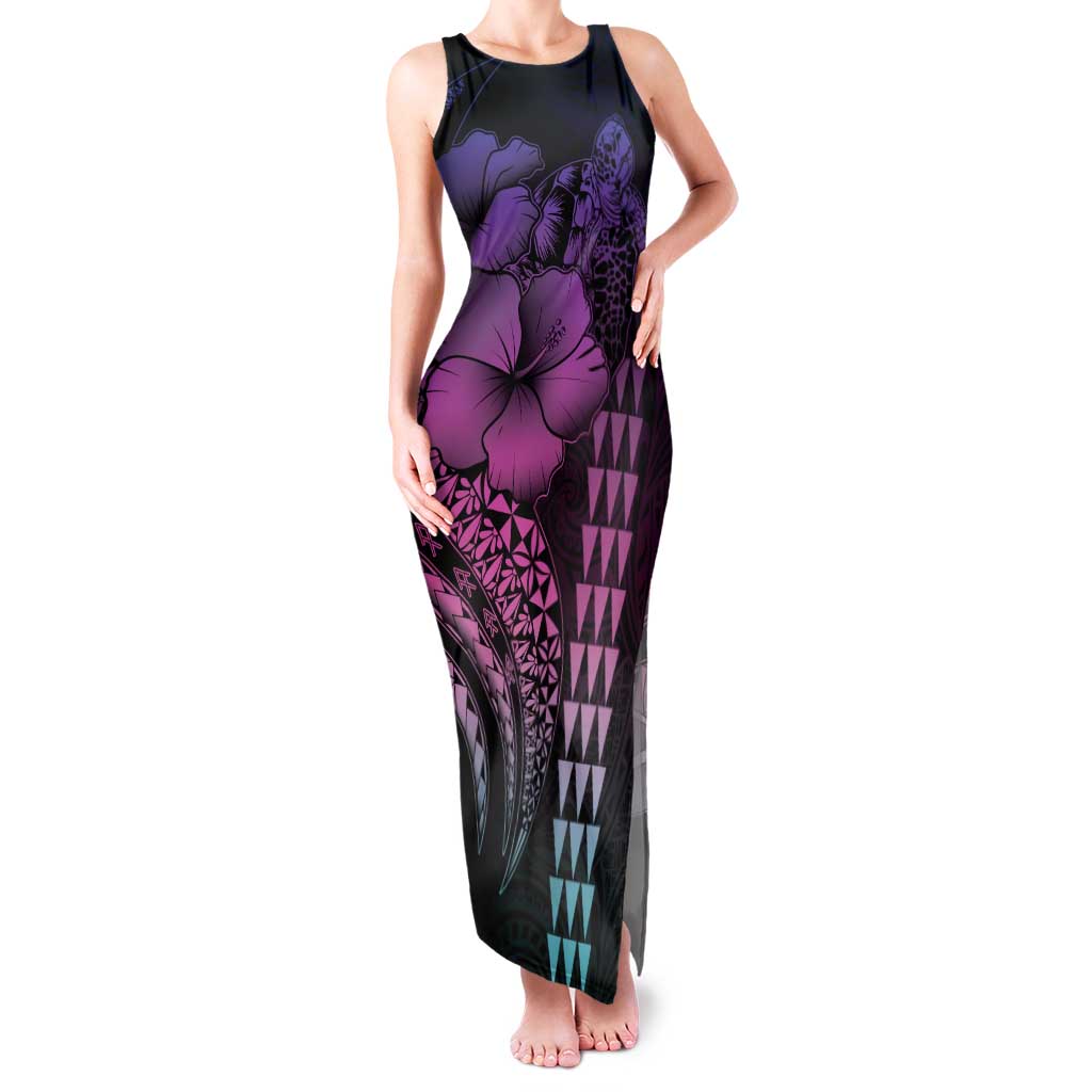 Hawaiian Sea Turtle Family Matching Tank Maxi Dress and Hawaiian Shirt Pink Hibiscus Flowers and Kakau Pattern LT9 Mom's Dress Pink - Polynesian Pride