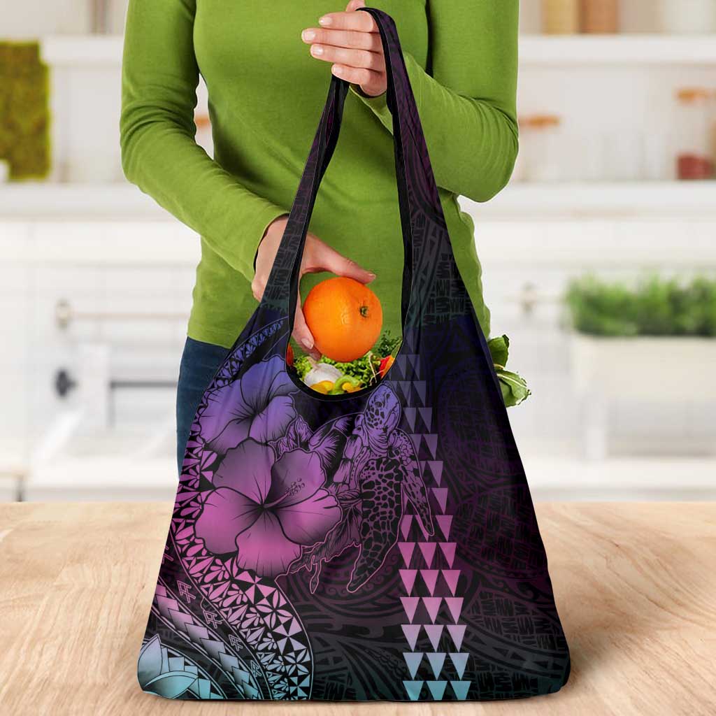 Hawaiian Sea Turtle Grocery Bag Pink Hibiscus Flowers and Kakau Pattern