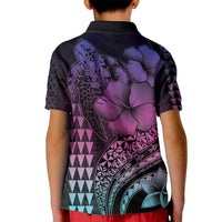 Hawaiian Sea Turtle Kid Polo Shirt Pink Hibiscus Flowers and Kakau Pattern