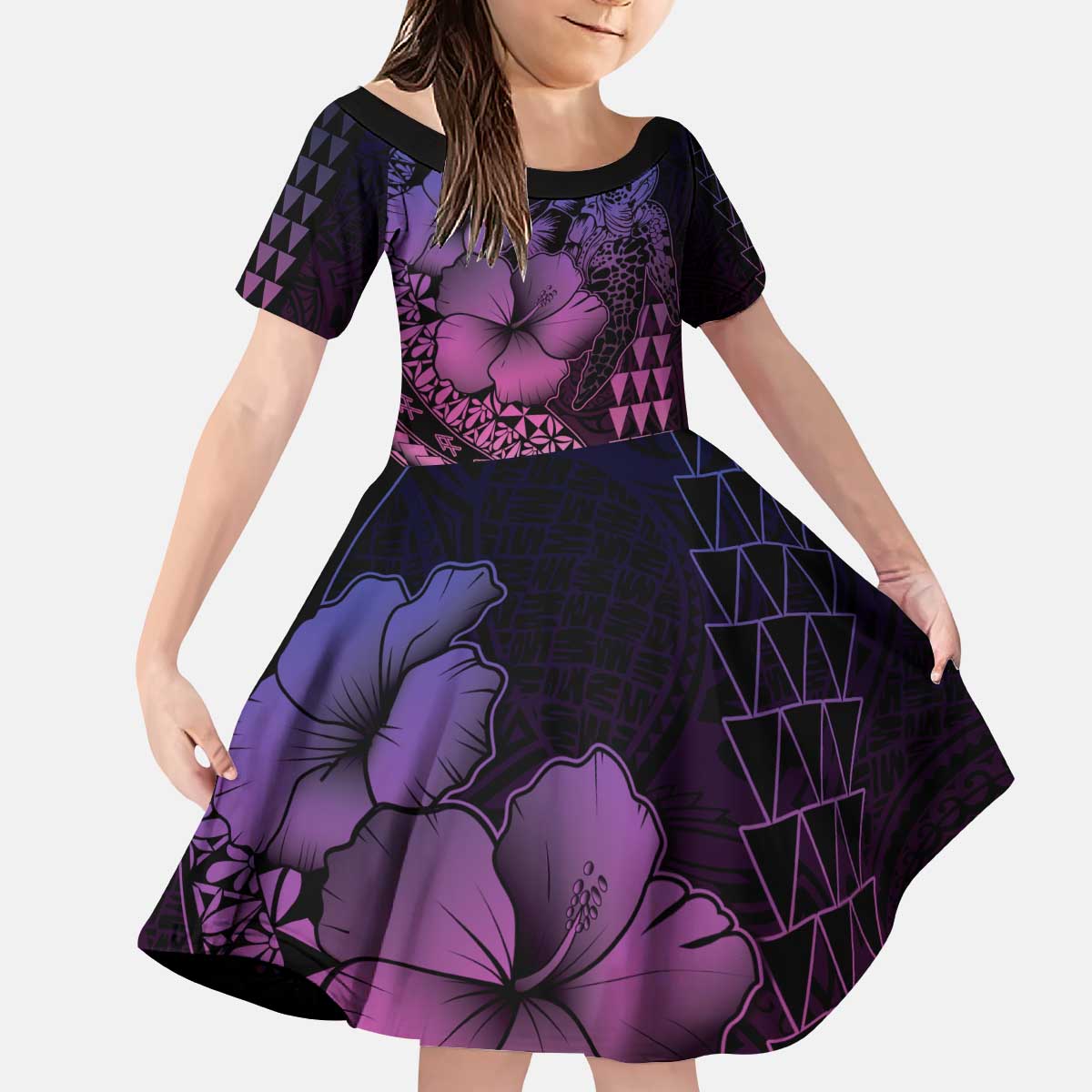 Hawaiian Sea Turtle Kid Short Sleeve Dress Pink Hibiscus Flowers and Kakau Pattern