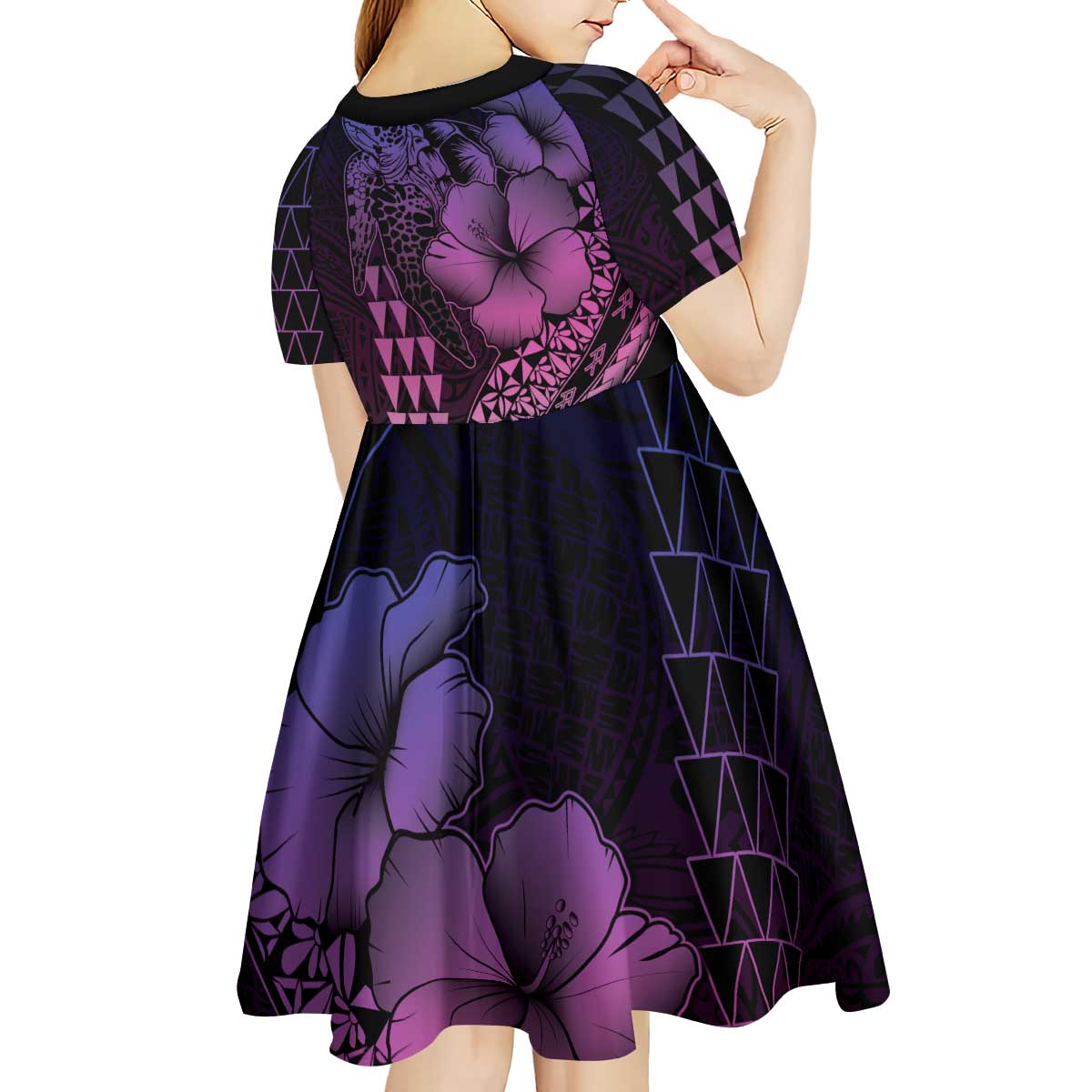 Hawaiian Sea Turtle Kid Short Sleeve Dress Pink Hibiscus Flowers and Kakau Pattern