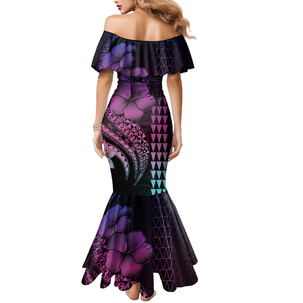 Hawaiian Sea Turtle Mermaid Dress Pink Hibiscus Flowers and Kakau Pattern