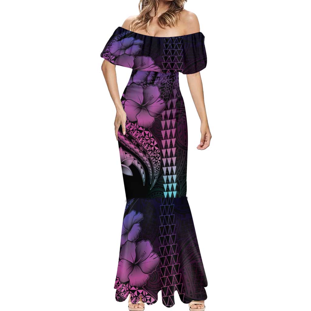 Hawaiian Sea Turtle Mermaid Dress Pink Hibiscus Flowers and Kakau Pattern