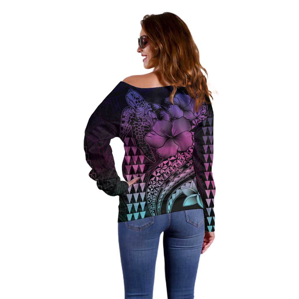 Hawaiian Sea Turtle Off Shoulder Sweater Pink Hibiscus Flowers and Kakau Pattern