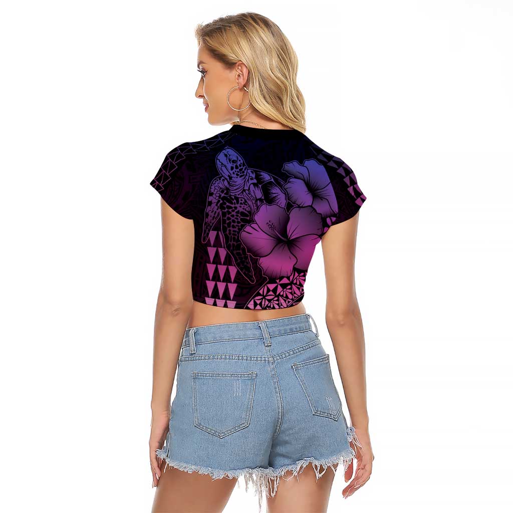 Hawaiian Sea Turtle Raglan Cropped T Shirt Pink Hibiscus Flowers and Kakau Pattern