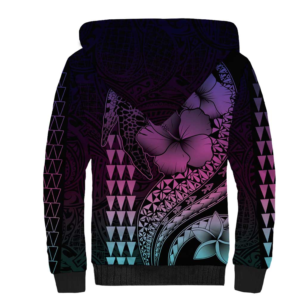 Hawaiian Sea Turtle Sherpa Hoodie Pink Hibiscus Flowers and Kakau Pattern