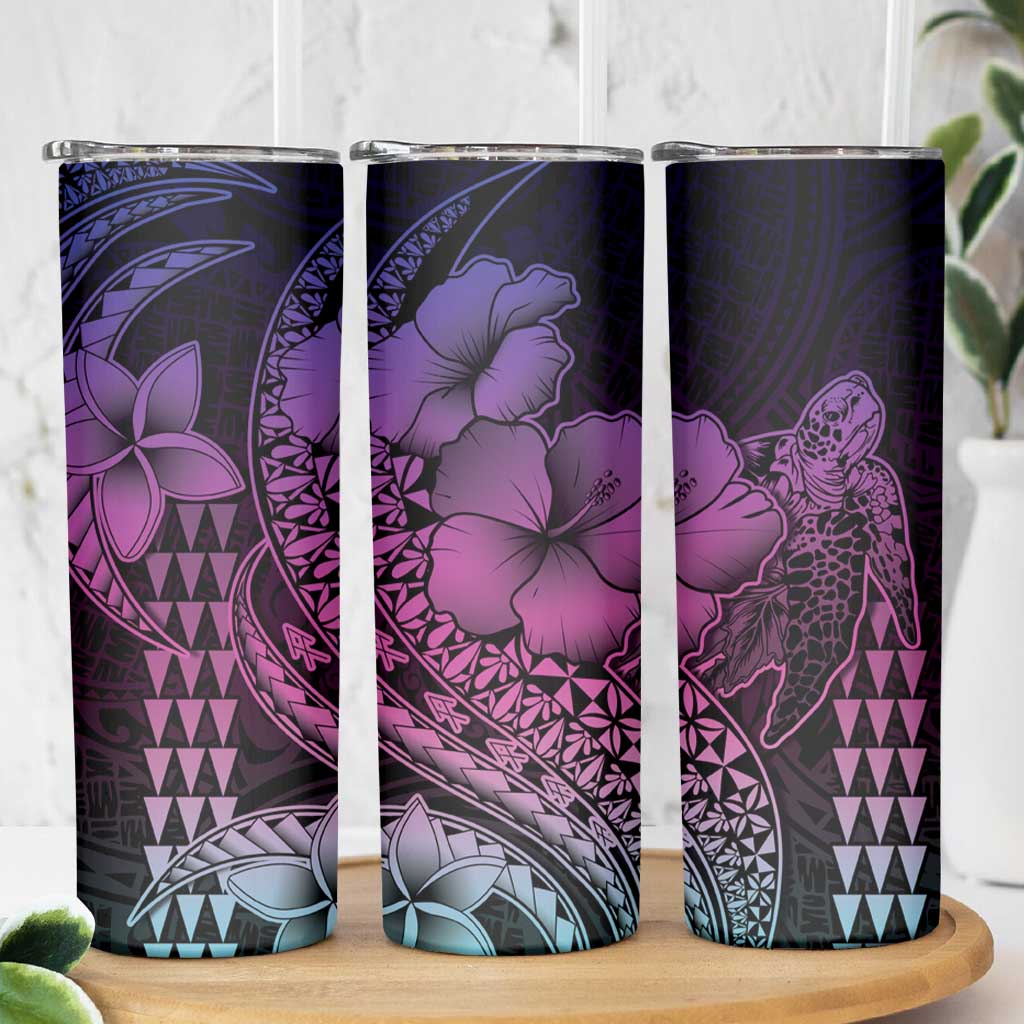 Hawaiian Sea Turtle Skinny Tumbler Pink Hibiscus Flowers and Kakau Pattern