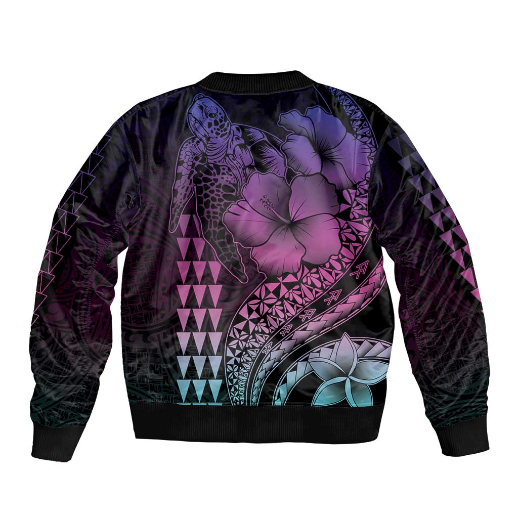 Hawaiian Sea Turtle Sleeve Zip Bomber Jacket Pink Hibiscus Flowers and Kakau Pattern