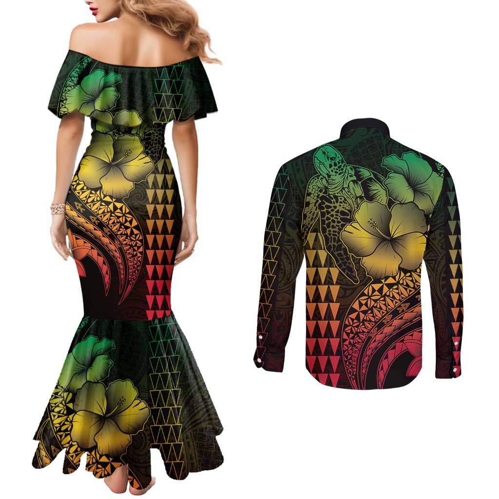 Hawaiian Sea Turtle Couples Matching Mermaid Dress and Long Sleeve Button Shirt Reggae Hibiscus Flowers and Kakau Pattern
