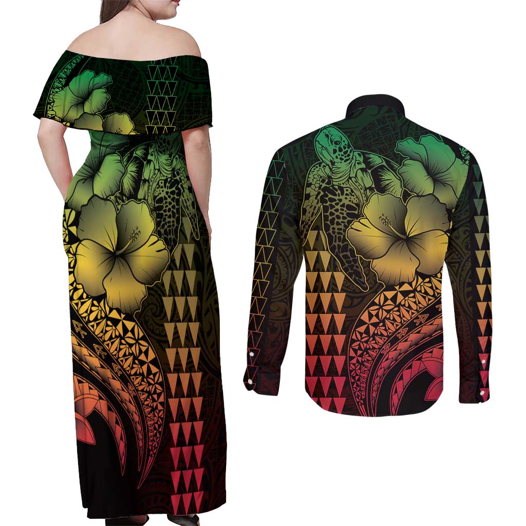 Hawaiian Sea Turtle Couples Matching Off Shoulder Maxi Dress and Long Sleeve Button Shirt Reggae Hibiscus Flowers and Kakau Pattern