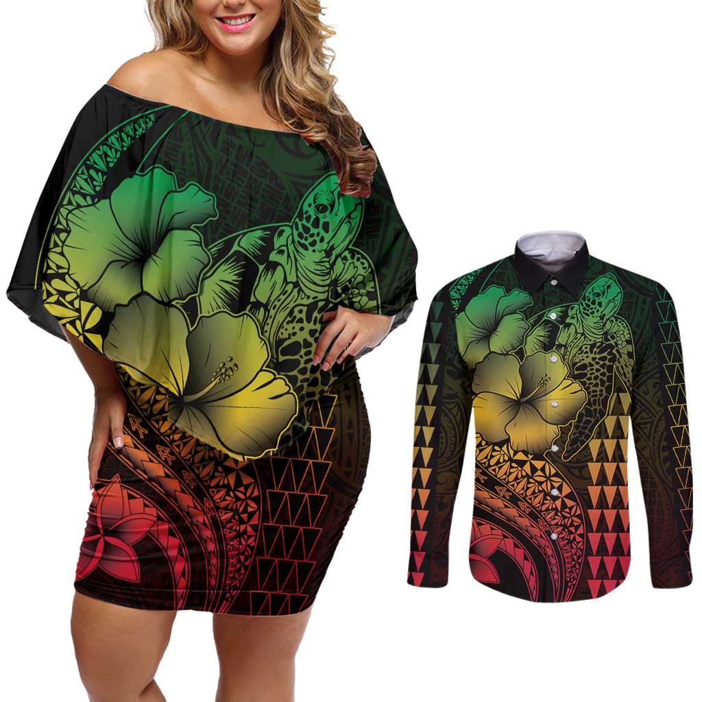 Hawaiian Sea Turtle Couples Matching Off Shoulder Short Dress and Long Sleeve Button Shirt Reggae Hibiscus Flowers and Kakau Pattern