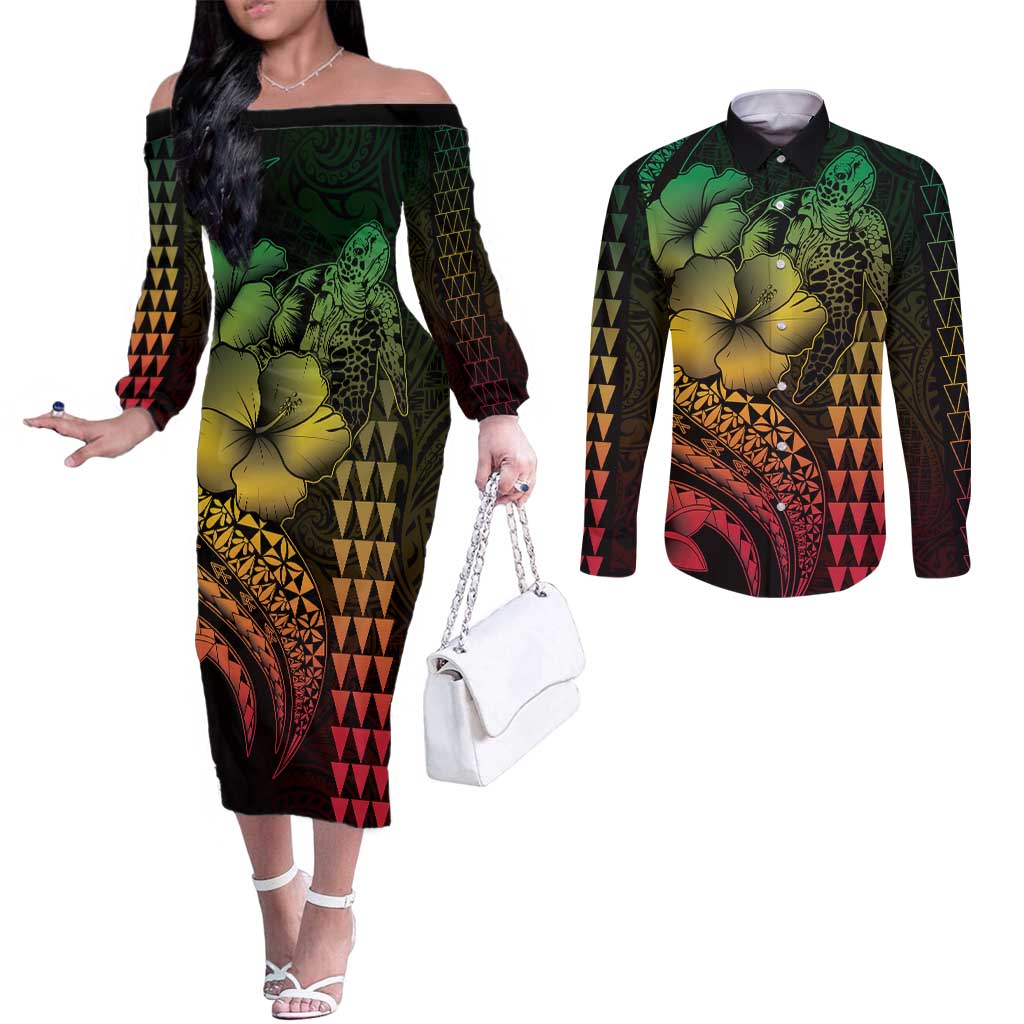 Hawaiian Sea Turtle Couples Matching Off The Shoulder Long Sleeve Dress and Long Sleeve Button Shirt Reggae Hibiscus Flowers and Kakau Pattern