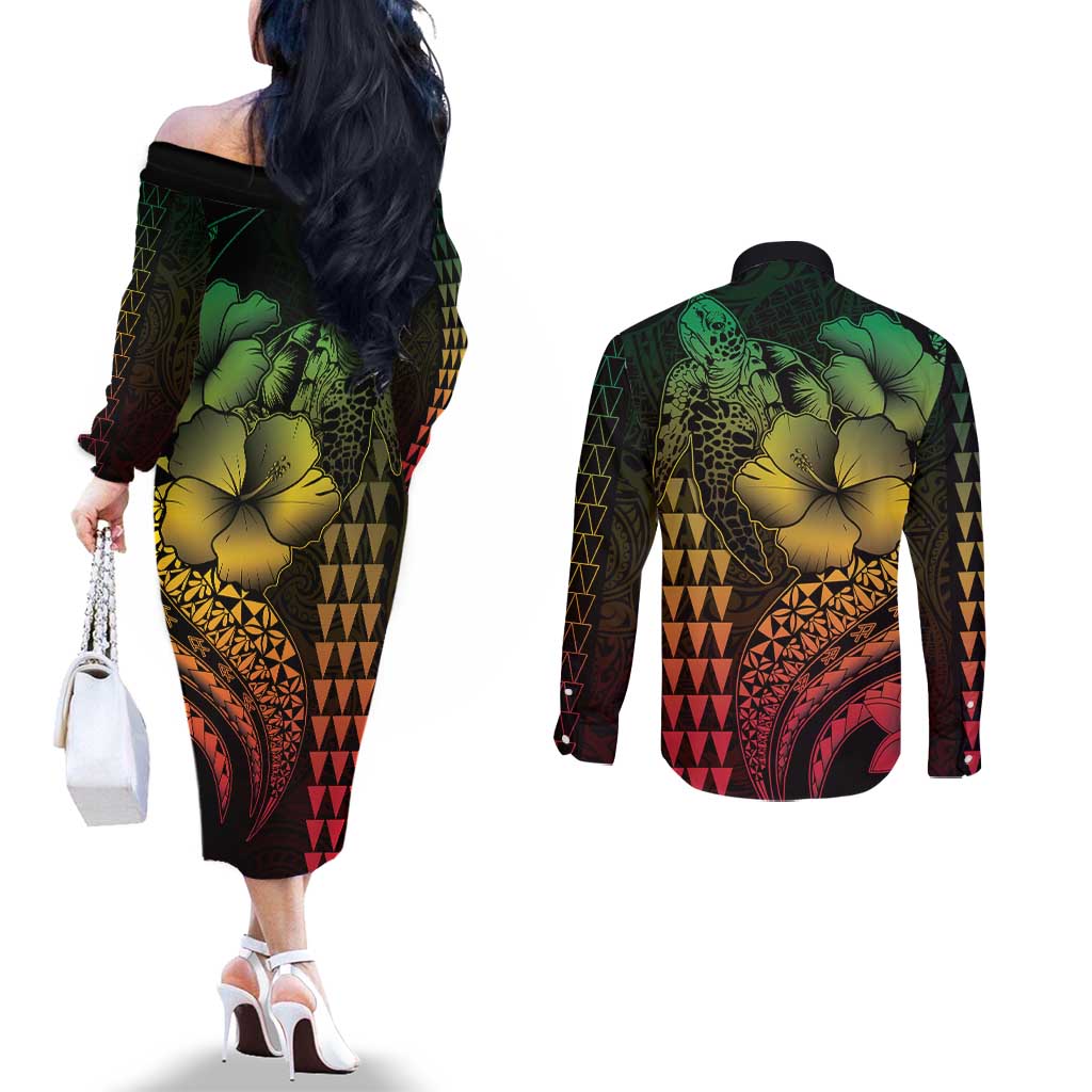 Hawaiian Sea Turtle Couples Matching Off The Shoulder Long Sleeve Dress and Long Sleeve Button Shirt Reggae Hibiscus Flowers and Kakau Pattern