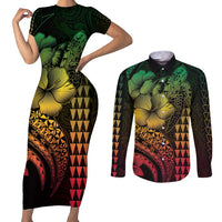 Hawaiian Sea Turtle Couples Matching Short Sleeve Bodycon Dress and Long Sleeve Button Shirt Reggae Hibiscus Flowers and Kakau Pattern
