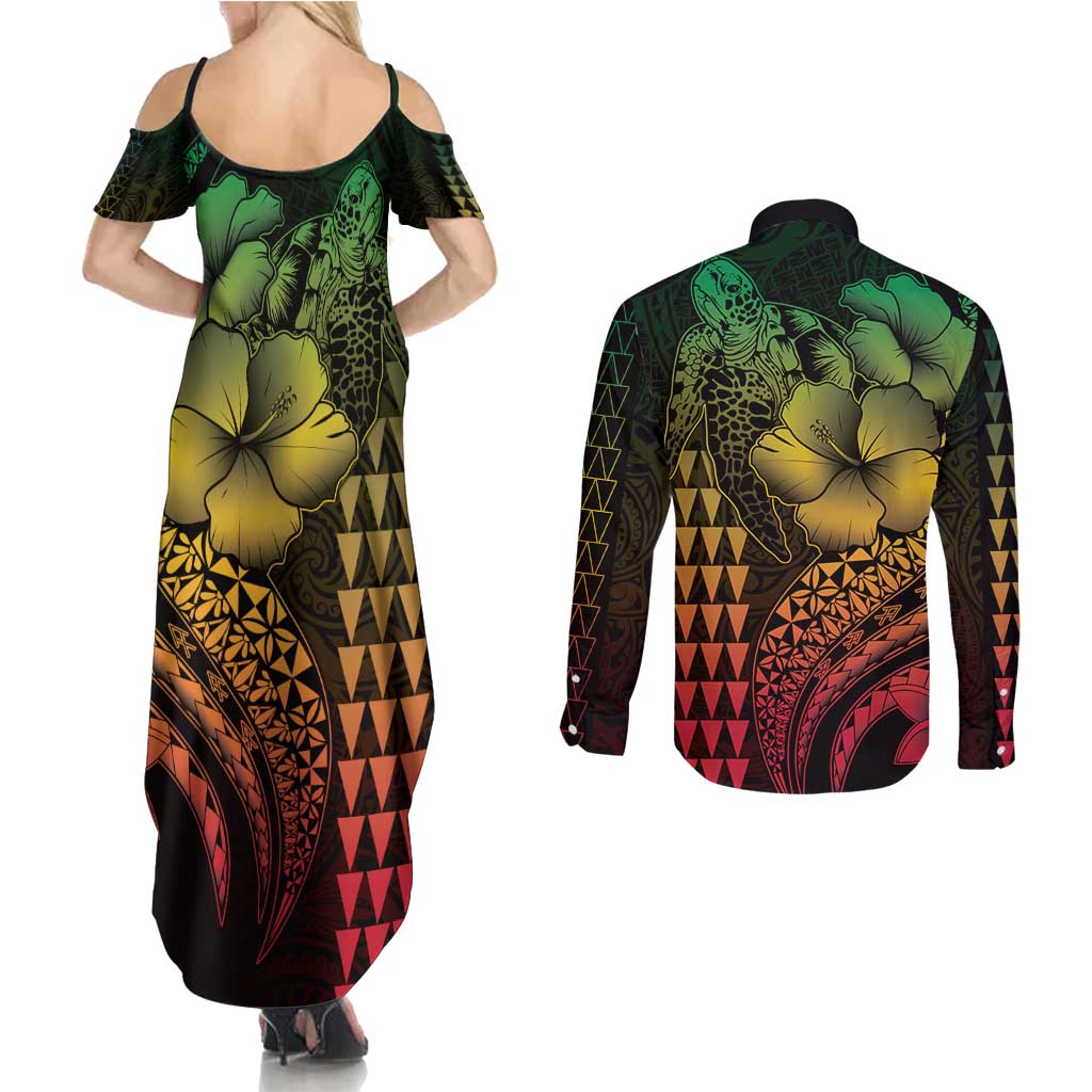 Hawaiian Sea Turtle Couples Matching Summer Maxi Dress and Long Sleeve Button Shirt Reggae Hibiscus Flowers and Kakau Pattern
