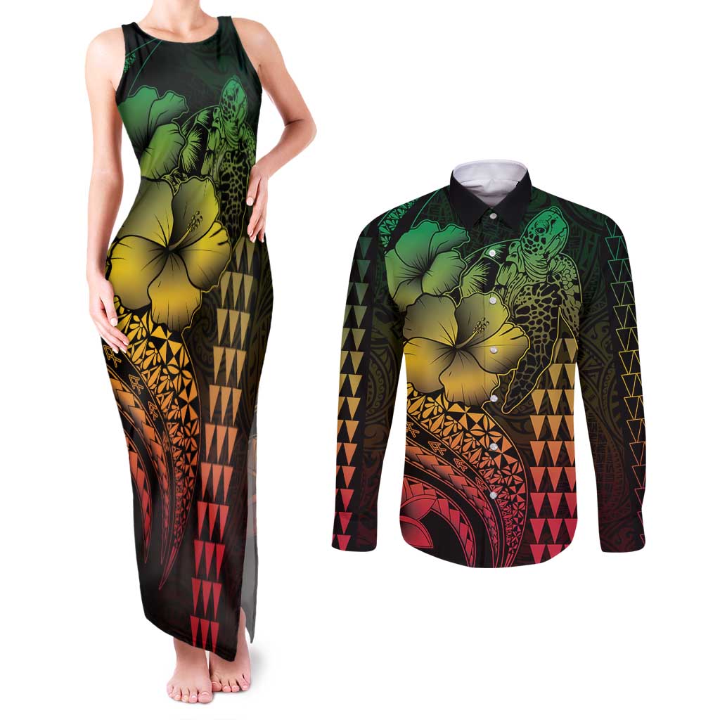 Hawaiian Sea Turtle Couples Matching Tank Maxi Dress and Long Sleeve Button Shirt Reggae Hibiscus Flowers and Kakau Pattern