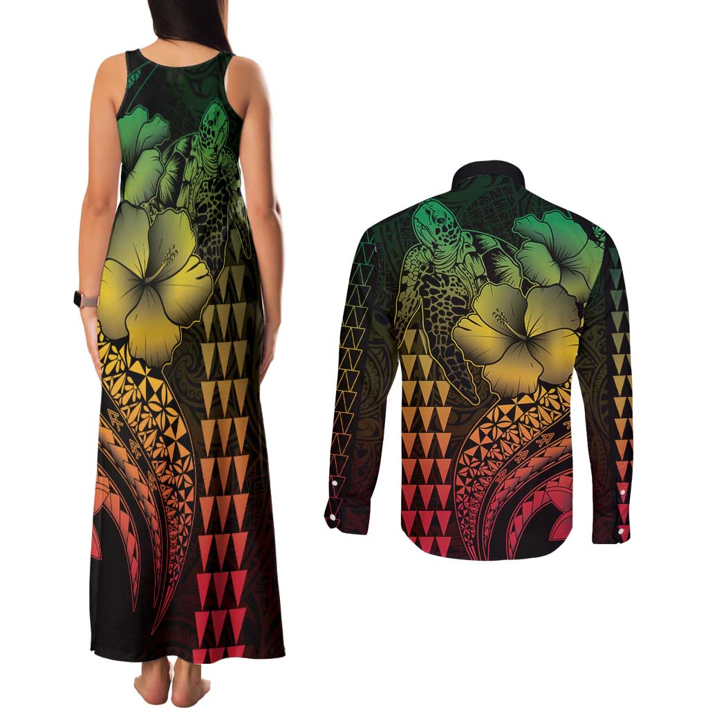 Hawaiian Sea Turtle Couples Matching Tank Maxi Dress and Long Sleeve Button Shirt Reggae Hibiscus Flowers and Kakau Pattern
