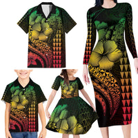 Hawaiian Sea Turtle Family Matching Long Sleeve Bodycon Dress and Hawaiian Shirt Reggae Hibiscus Flowers and Kakau Pattern LT9 - Polynesian Pride