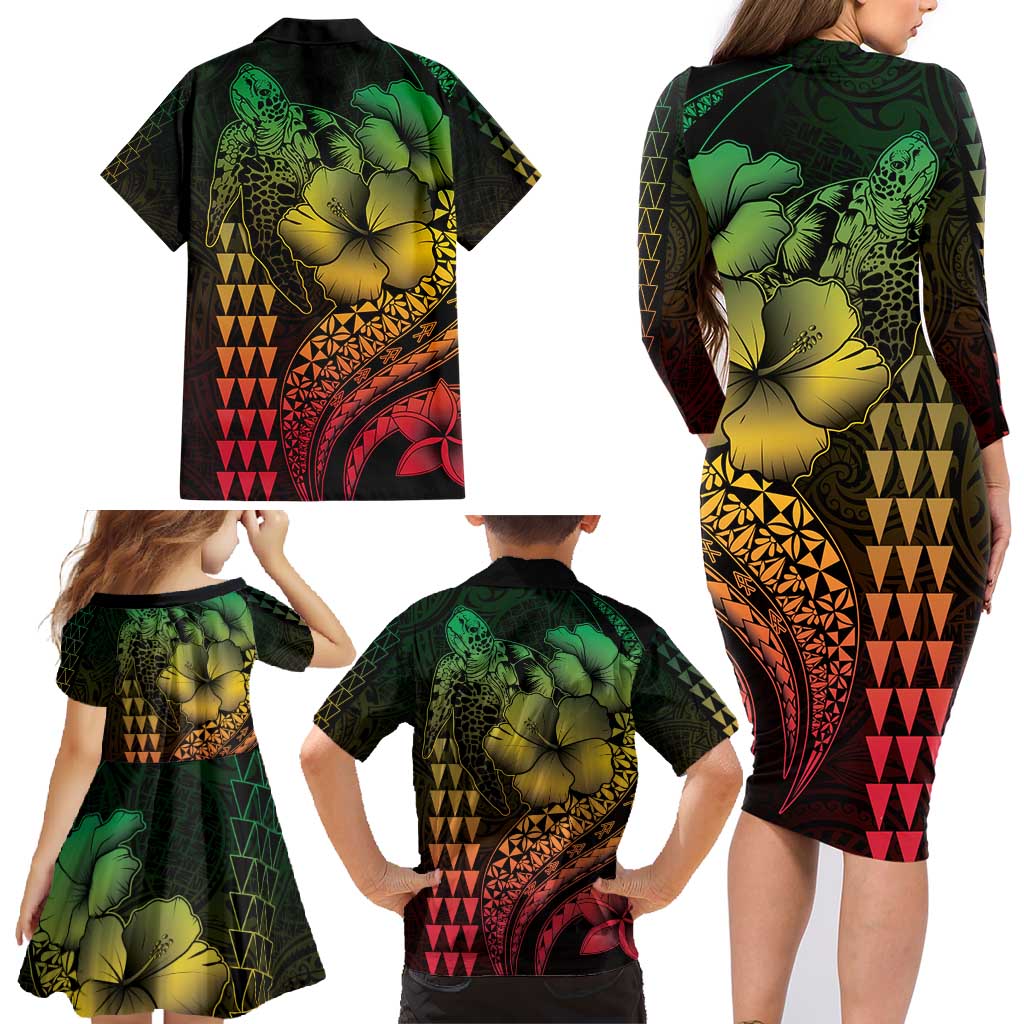 Hawaiian Sea Turtle Family Matching Long Sleeve Bodycon Dress and Hawaiian Shirt Reggae Hibiscus Flowers and Kakau Pattern LT9 - Polynesian Pride