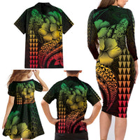 Hawaiian Sea Turtle Family Matching Long Sleeve Bodycon Dress and Hawaiian Shirt Reggae Hibiscus Flowers and Kakau Pattern LT9 - Polynesian Pride