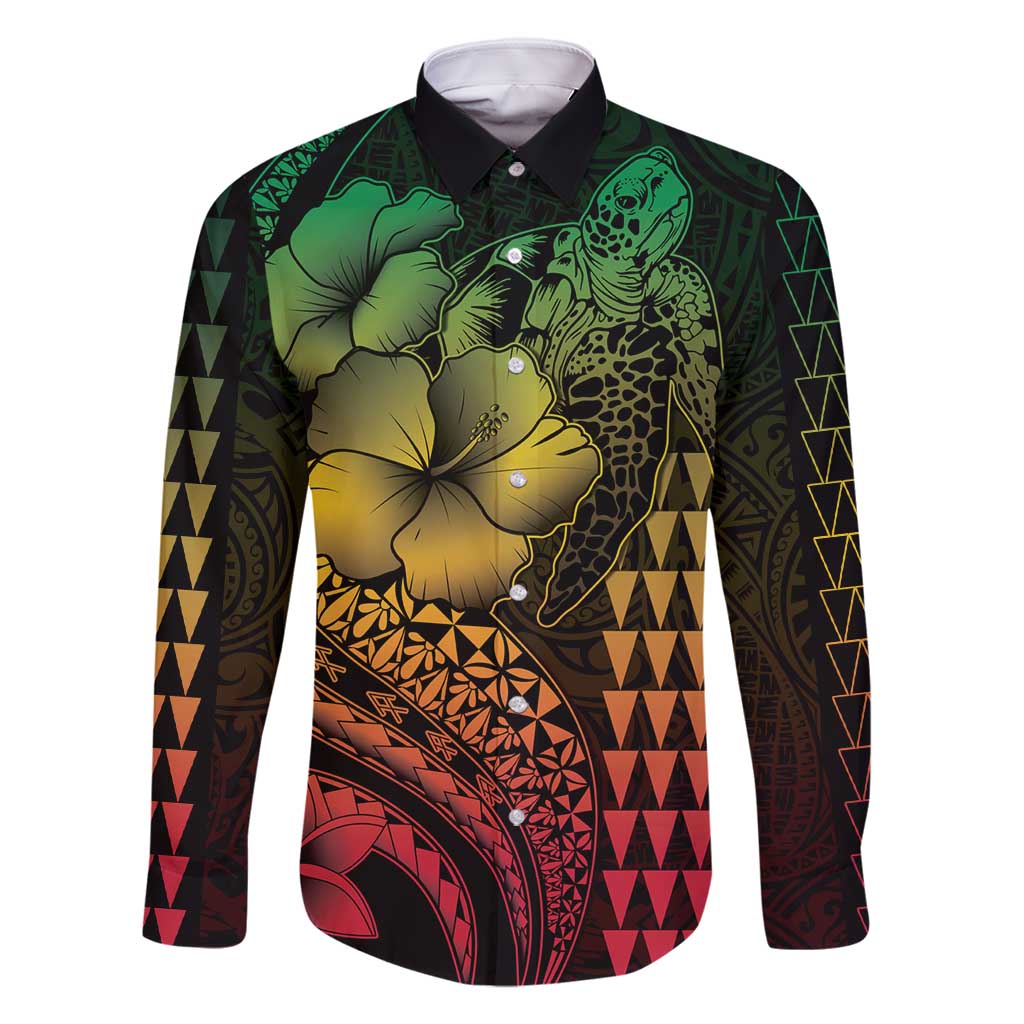 Hawaiian Sea Turtle Family Matching Long Sleeve Bodycon Dress and Hawaiian Shirt Reggae Hibiscus Flowers and Kakau Pattern LT9 Dad's Shirt - Long Sleeve Reggae - Polynesian Pride