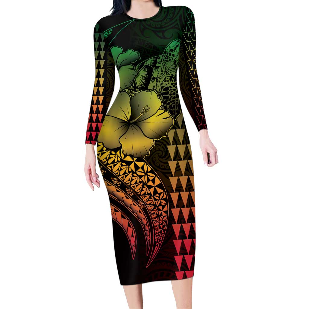 Hawaiian Sea Turtle Family Matching Long Sleeve Bodycon Dress and Hawaiian Shirt Reggae Hibiscus Flowers and Kakau Pattern LT9 Mom's Dress Reggae - Polynesian Pride