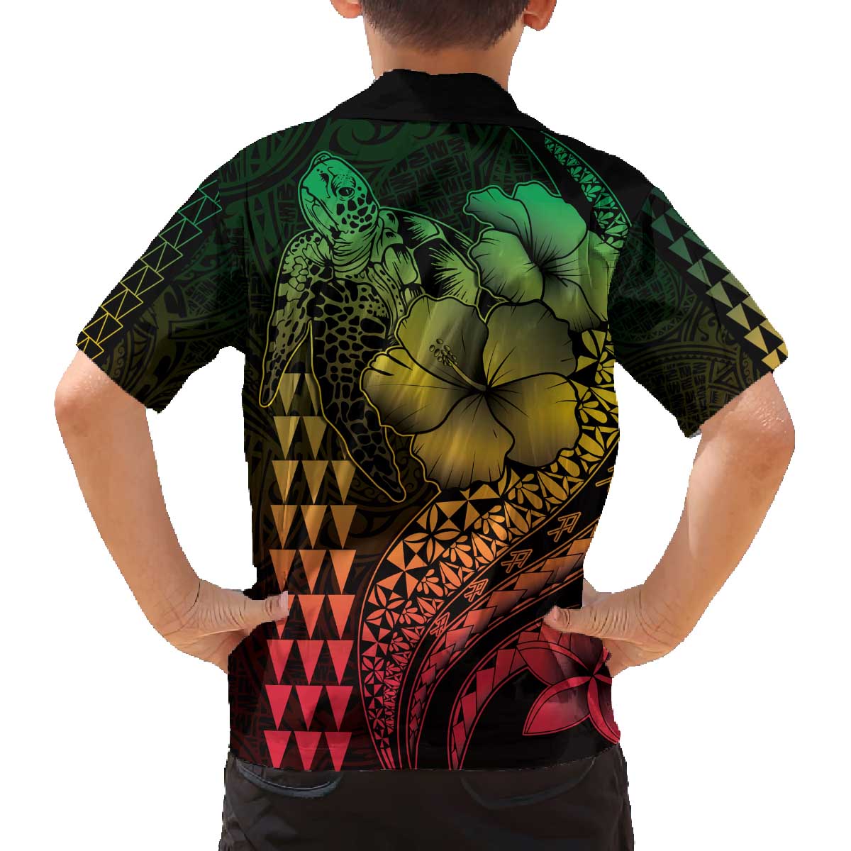 Hawaiian Sea Turtle Family Matching Off The Shoulder Long Sleeve Dress and Hawaiian Shirt Reggae Hibiscus Flowers and Kakau Pattern LT9 - Polynesian Pride
