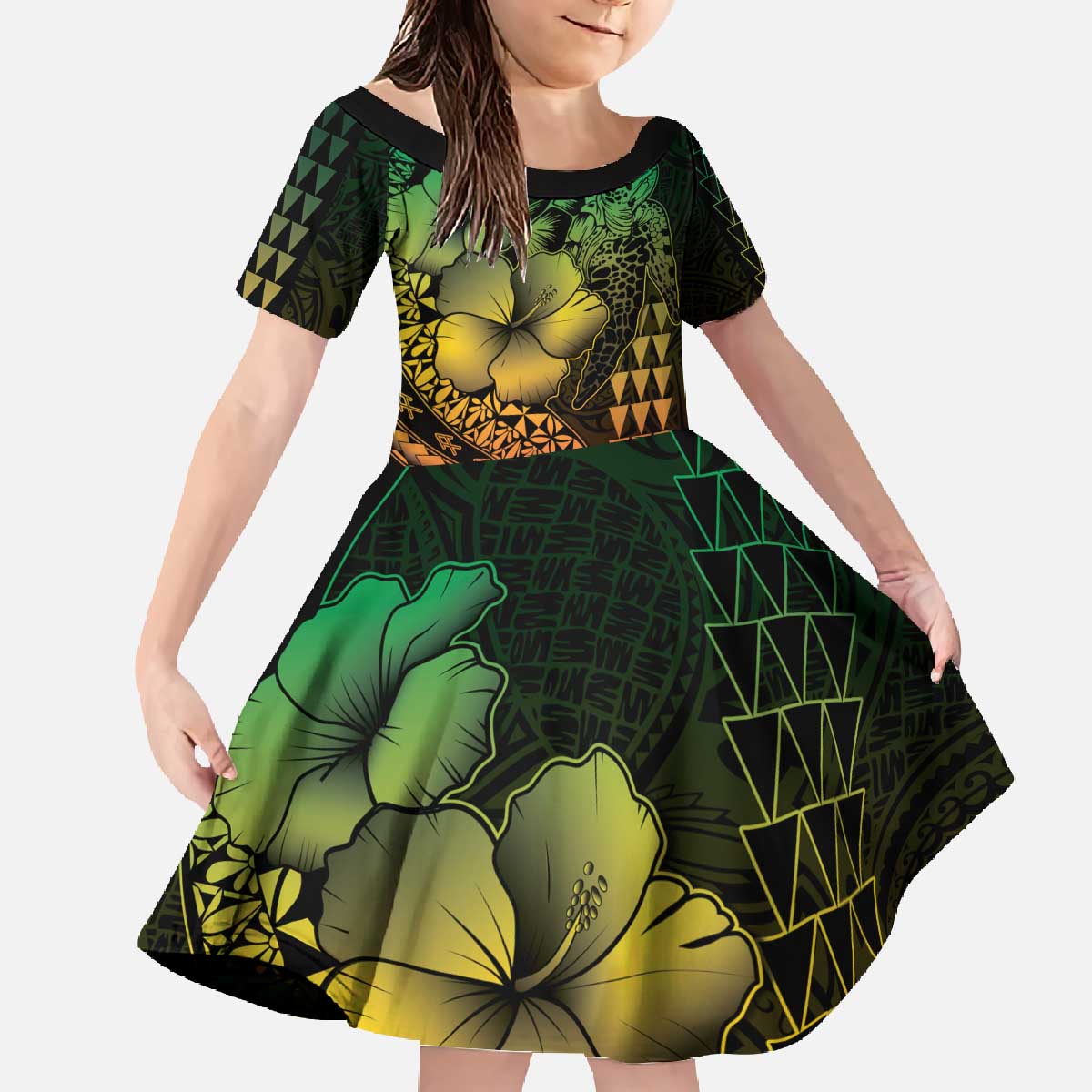Hawaiian Sea Turtle Family Matching Off The Shoulder Long Sleeve Dress and Hawaiian Shirt Reggae Hibiscus Flowers and Kakau Pattern LT9 Daughter's Dress Reggae - Polynesian Pride