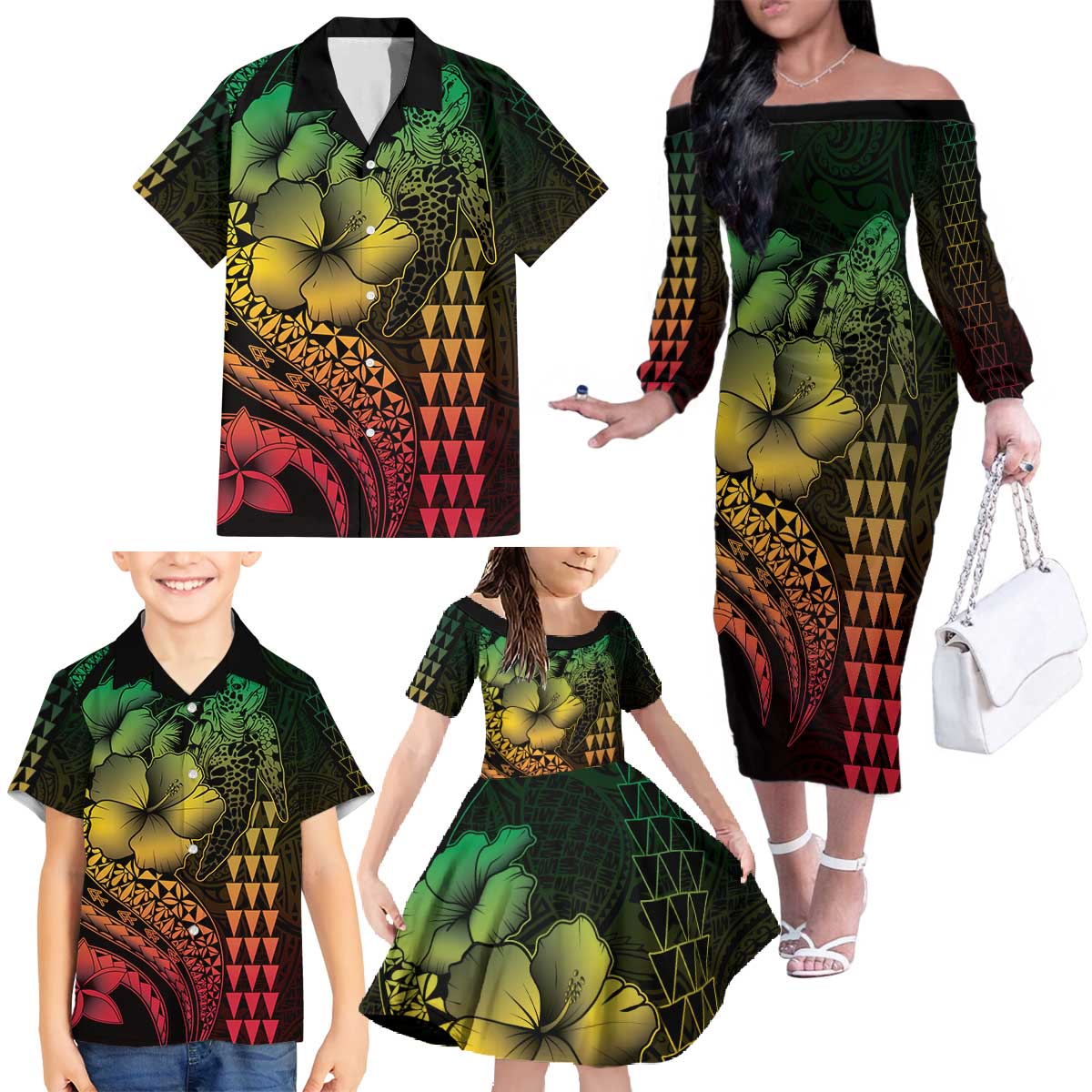 Hawaiian Sea Turtle Family Matching Off The Shoulder Long Sleeve Dress and Hawaiian Shirt Reggae Hibiscus Flowers and Kakau Pattern LT9 - Polynesian Pride