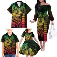 Hawaiian Sea Turtle Family Matching Off The Shoulder Long Sleeve Dress and Hawaiian Shirt Reggae Hibiscus Flowers and Kakau Pattern LT9 - Polynesian Pride