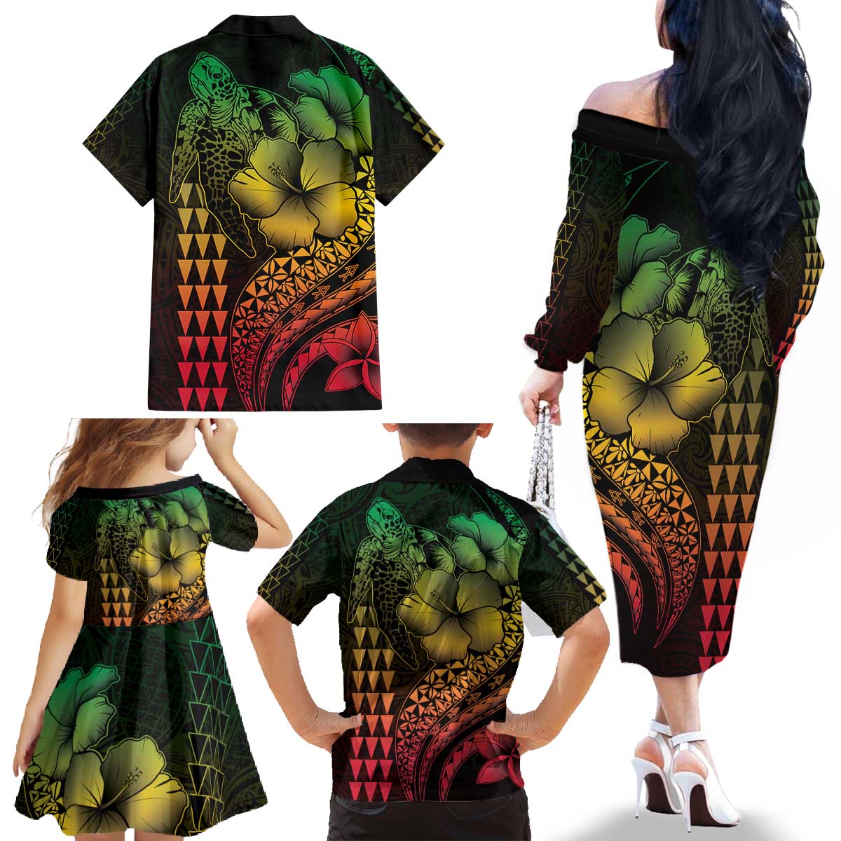 Hawaiian Sea Turtle Family Matching Off The Shoulder Long Sleeve Dress and Hawaiian Shirt Reggae Hibiscus Flowers and Kakau Pattern LT9 - Polynesian Pride