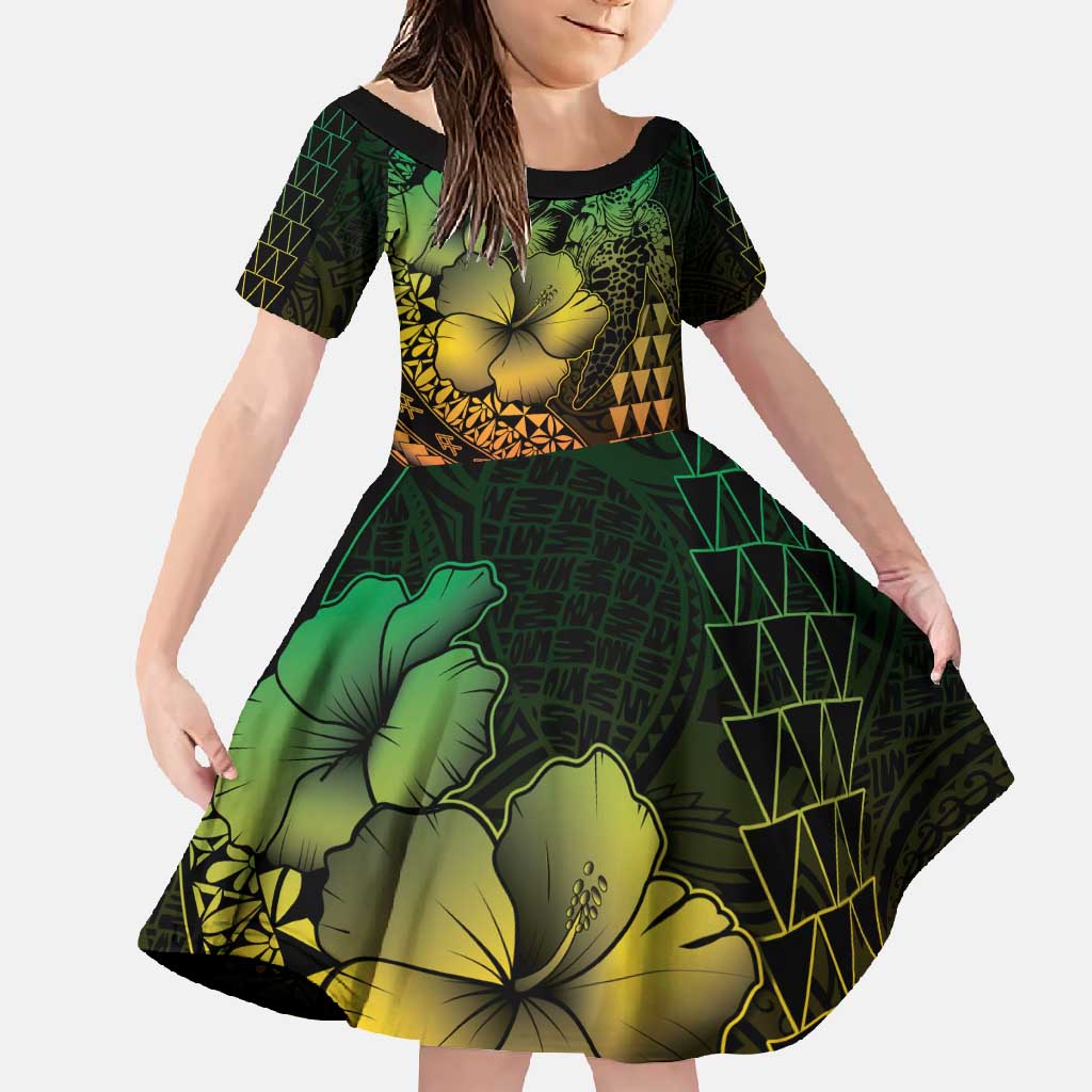 Hawaiian Sea Turtle Family Matching Off Shoulder Maxi Dress and Hawaiian Shirt Reggae Hibiscus Flowers and Kakau Pattern LT9 Daughter's Dress Reggae - Polynesian Pride