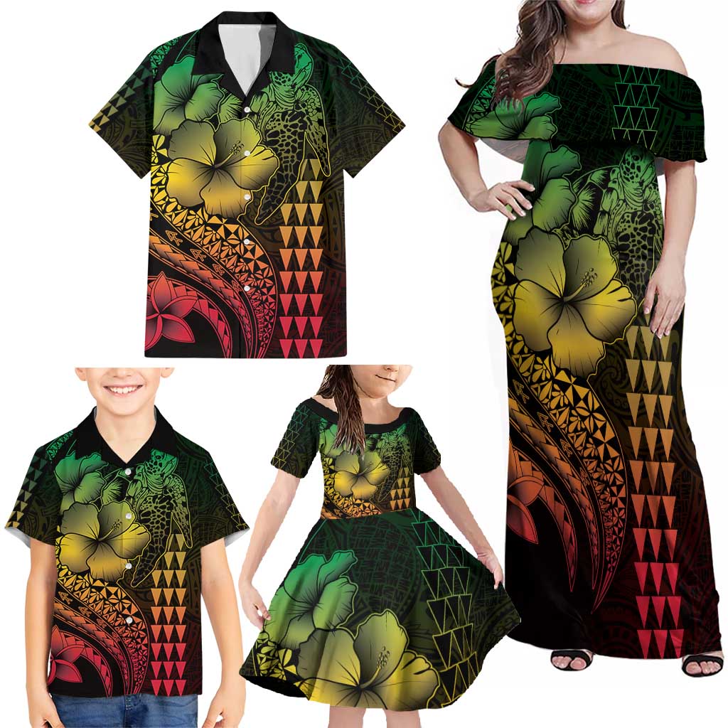 Hawaiian Sea Turtle Family Matching Off Shoulder Maxi Dress and Hawaiian Shirt Reggae Hibiscus Flowers and Kakau Pattern LT9 - Polynesian Pride