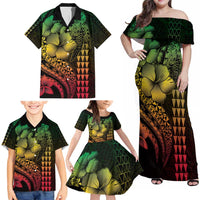 Hawaiian Sea Turtle Family Matching Off Shoulder Maxi Dress and Hawaiian Shirt Reggae Hibiscus Flowers and Kakau Pattern LT9 - Polynesian Pride