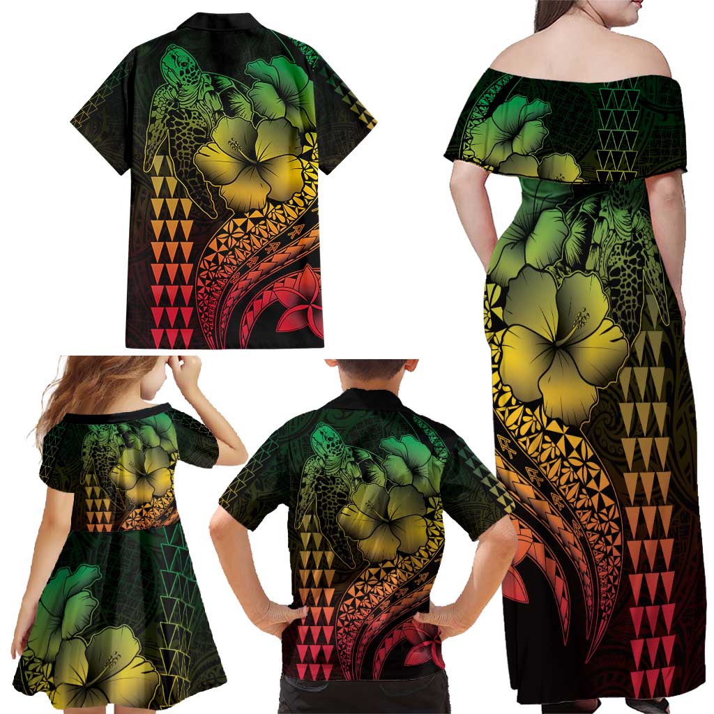Hawaiian Sea Turtle Family Matching Off Shoulder Maxi Dress and Hawaiian Shirt Reggae Hibiscus Flowers and Kakau Pattern LT9 - Polynesian Pride