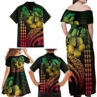 Hawaiian Sea Turtle Family Matching Off Shoulder Maxi Dress and Hawaiian Shirt Reggae Hibiscus Flowers and Kakau Pattern LT9 - Polynesian Pride