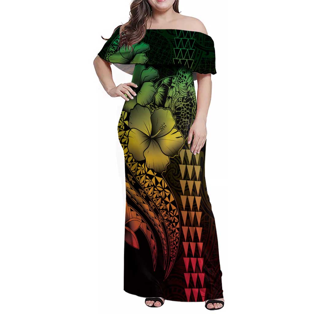 Hawaiian Sea Turtle Family Matching Off Shoulder Maxi Dress and Hawaiian Shirt Reggae Hibiscus Flowers and Kakau Pattern LT9 Mom's Dress Reggae - Polynesian Pride